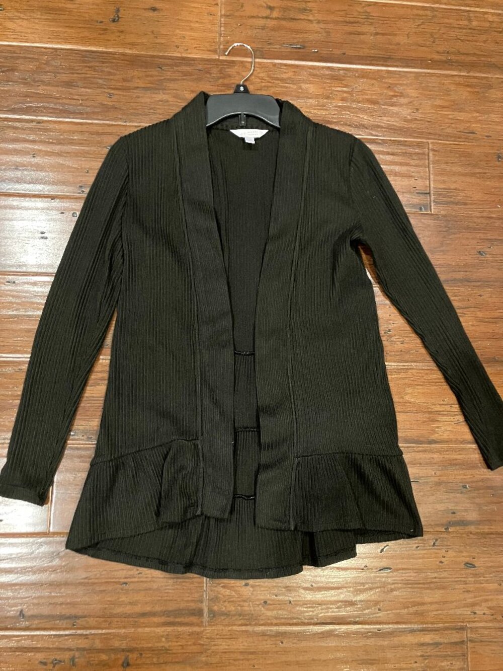 LC LAUREN CONRAD BLACK CARDIGAN SWEATER LONG TUNIC RUFFLED TIERED OPEN FRONT XS